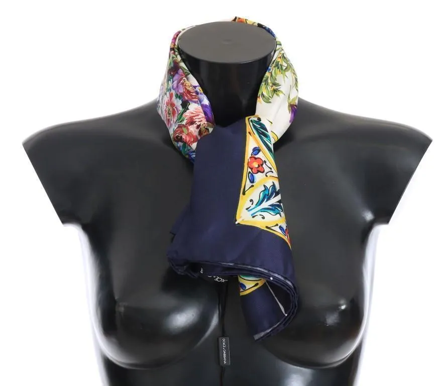 Blue Floral Print Silk Scarf