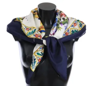 Blue Floral Print Silk Scarf