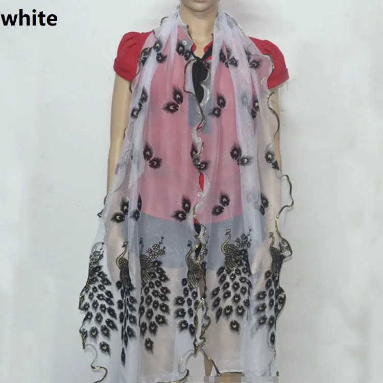 Fashion Lace Scarf Net Yarn Printing Peacock Stitching Flocking Phoenix Scarf for Women Ladies Girls