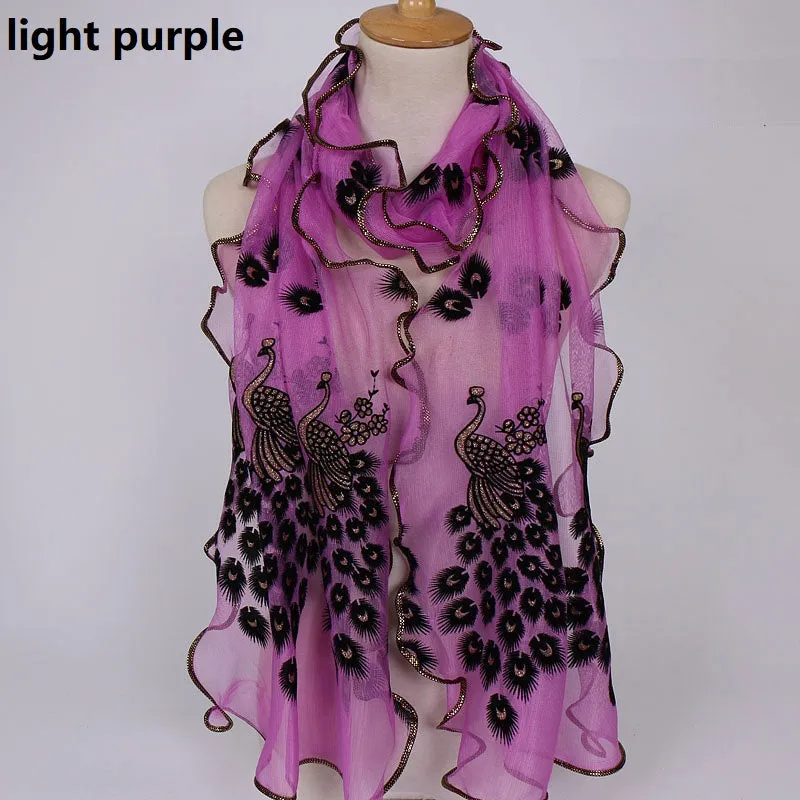 Fashion Lace Scarf Net Yarn Printing Peacock Stitching Flocking Phoenix Scarf for Women Ladies Girls