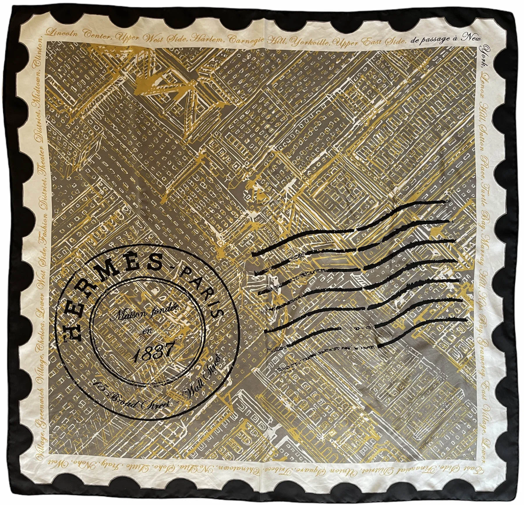 Hermes COLLECTORS Black/White/Gold De Passage a New York 90cm Silk Scarf