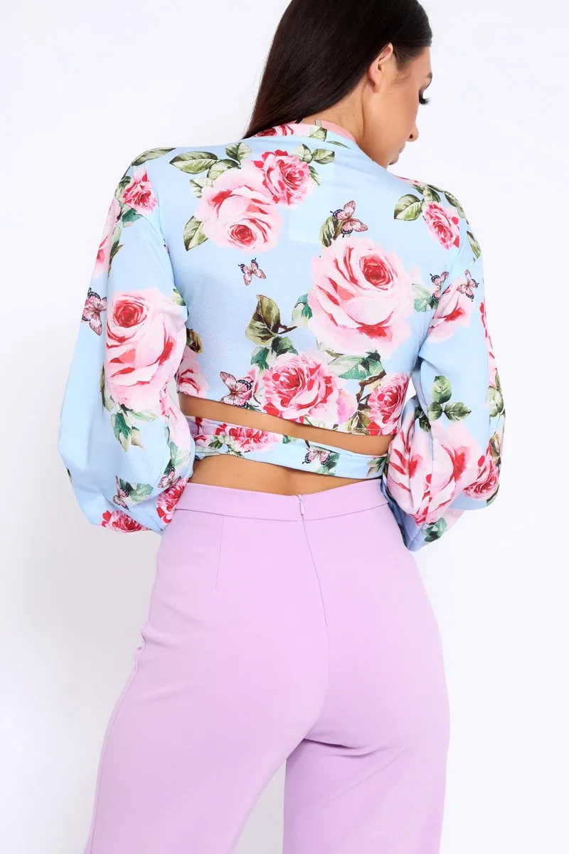 Powder Blue Floral Plunge Wrap Tie Top - Emila