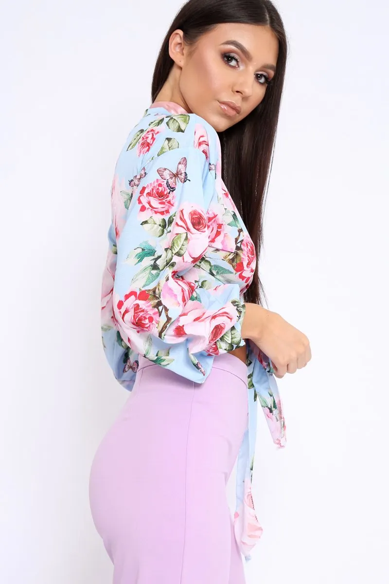 Powder Blue Floral Plunge Wrap Tie Top - Emila
