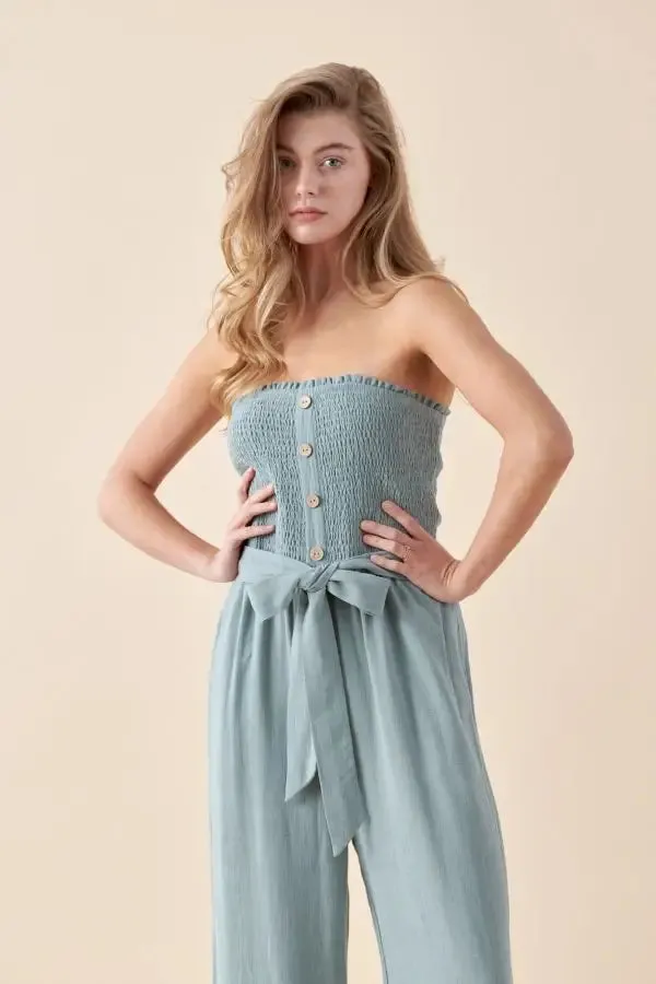 SOFT LINEN SMOCKED TUBE JUMPSUIT
